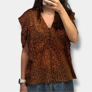 Orange and Black Patterned Topshop Blouse with Unique Details and Shape Boho